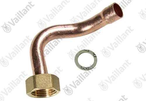 Kupferrohr mit einer gebogenen Form und einem Außengewinde aus Messing. Vaillant-Produkt, geeignet für Gasinstallationen. Beiliegende Dichtung sichtbar.